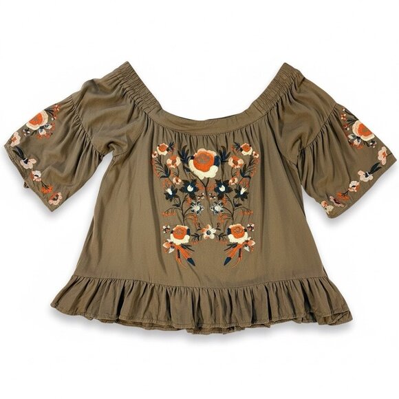 Umgee size Medium Women’s Green Floral Embroidered Boho Off Shoulder Peasant Top - Picture 1 of 7